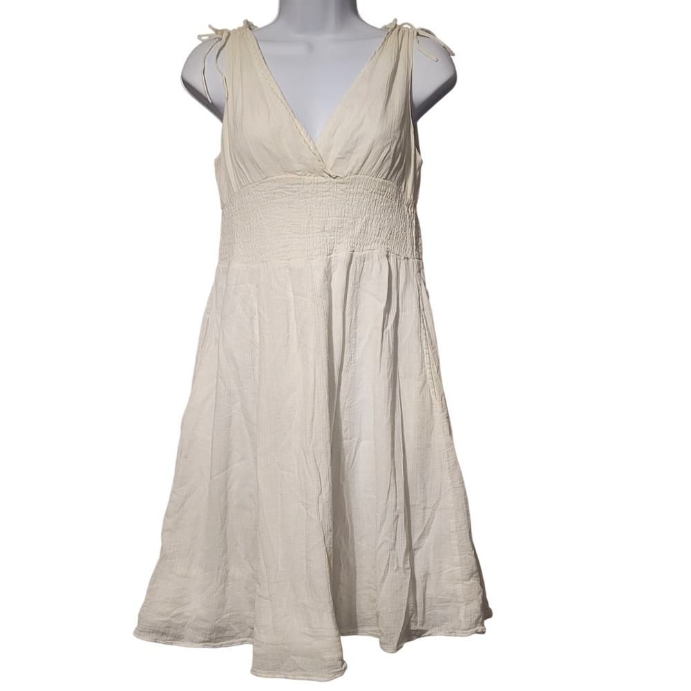 Maeve White Smocked Gauzy Empire Waist Tie Strap Sundress‎ Midi Sz Sm